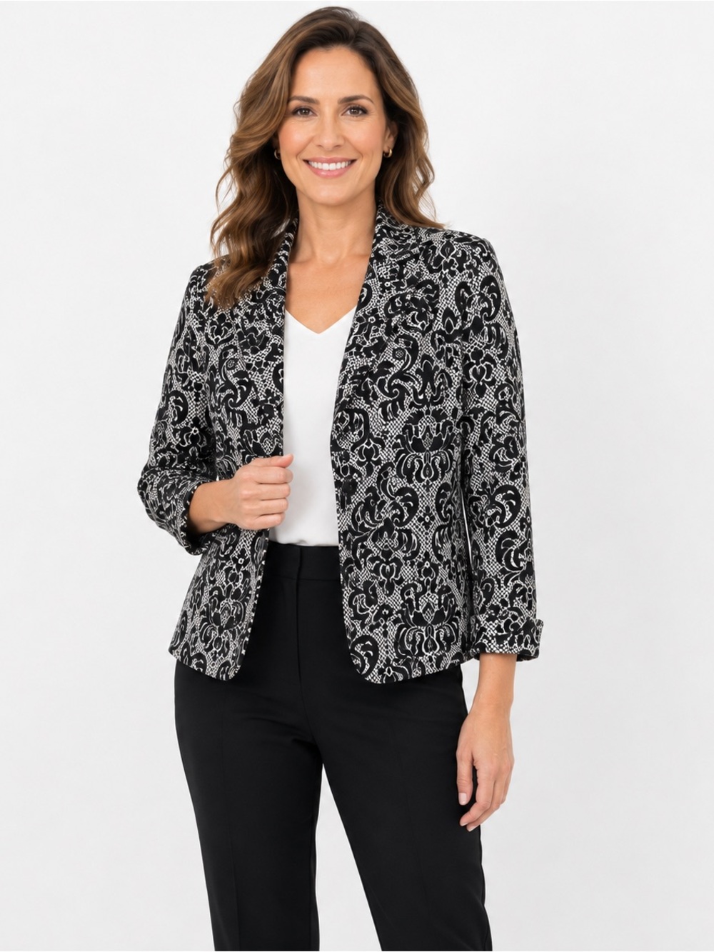 Talbots Size 6 Damask Print Jacket Black & White Cropped Sleeves